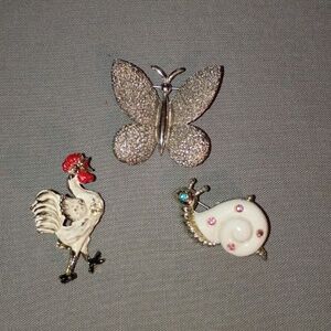 3- Vintage Rooster Butterfly Snail Pins Brooches